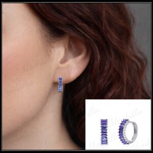 NEW 925 SILVER TANZANITE PURPLE LILAC BAGUETTE HOOP EARRINGS